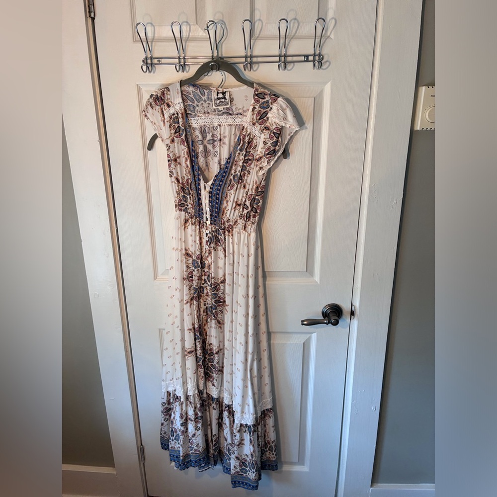 Jaase Cream Maxi Dress with Blue & Brown Floral Print